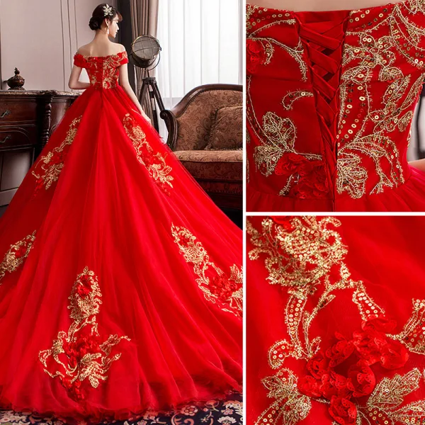 Schöne Rot Brautkleider / Hochzeitskleider 2019 A Linie Off Shoulder Pailletten Spitze Blumen Kurze Ärmel Rückenfreies Kathedrale Schleppe