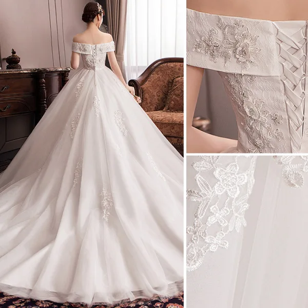 Élégant Ivoire Empire Enceinte Robe De Mariée 2019 De l'épaule Perlage Paillettes En Dentelle Fleur Manches Courtes Dos Nu Cathedral Train