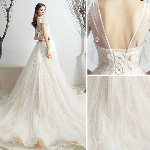 Chic / Belle Ivoire Robe De Mariée 2019 Princesse Encolure Dégagée Appliques En Dentelle Fleur Noeud Manches Courtes Dos Nu Chapel Train