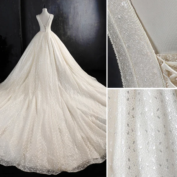 Meilleur Ivoire Fait main Perlage Robe De Mariée 2019 Princesse V-Cou Glitter Tulle Sans Manches Dos Nu Cathedral Train