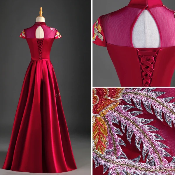 Chinese style Burgundy Evening Dresses 2019 A-Line / Princess High Neck Appliques Lace Bow Cap Sleeves Backless Floor-Length / Long Formal Dresses