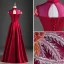 Chinese style Burgundy Evening Dresses  2019 A-Line / Princess High Neck Appliques Lace Bow Cap Sleeves Backless Floor-Length / Long Formal Dresses