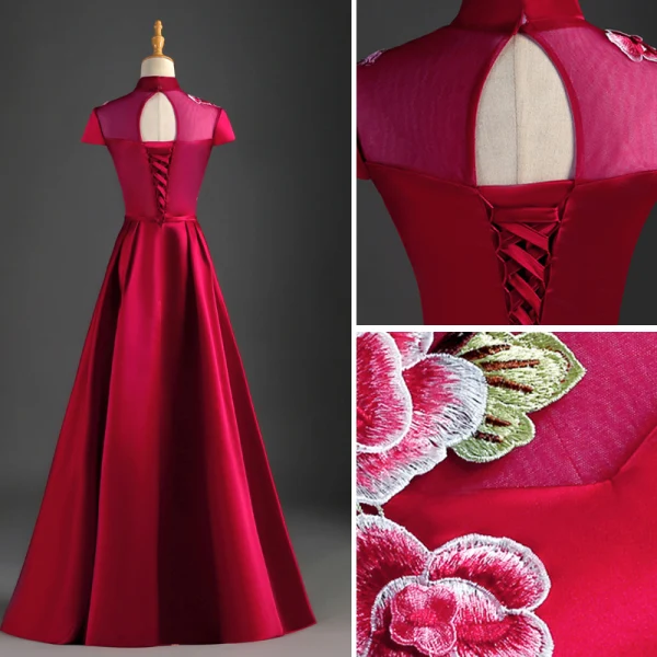 Chinese style Burgundy Evening Dresses 2019 A-Line / Princess High Neck Bow Appliques Lace Cap Sleeves Backless Floor-Length / Long Formal Dresses
