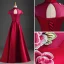 Chinese style Burgundy Evening Dresses  2019 A-Line / Princess High Neck Bow Appliques Lace Cap Sleeves Backless Floor-Length / Long Formal Dresses
