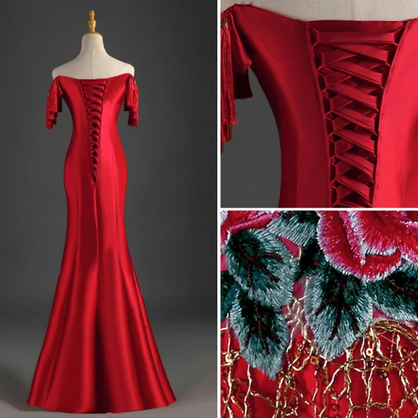 Chinese style Red Evening Dresses 2019 Trumpet / Mermaid Off-The-Shoulder Tassel Sequins Appliques Lace Sleeveless Backless Floor-Length / Long Formal Dresses