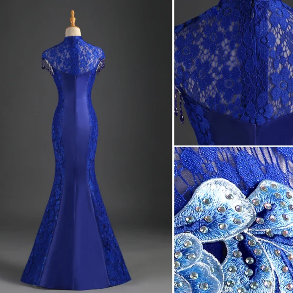 Chinese style Royal Blue Evening Dresses  Trumpet / Mermaid High Neck Beading Tassel Rhinestone Lace Flower Cap Sleeves Floor-Length / Long Formal Dresses