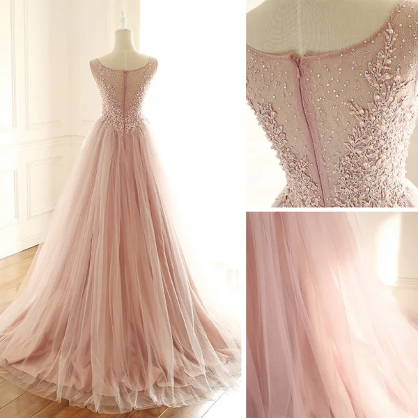 Chic / Beautiful Blushing Pink Prom Dresses 2018 A-Line / Princess Lace Appliques Beading Pearl Rhinestone Scoop Neck Sleeveless Sweep Train Formal Dresses