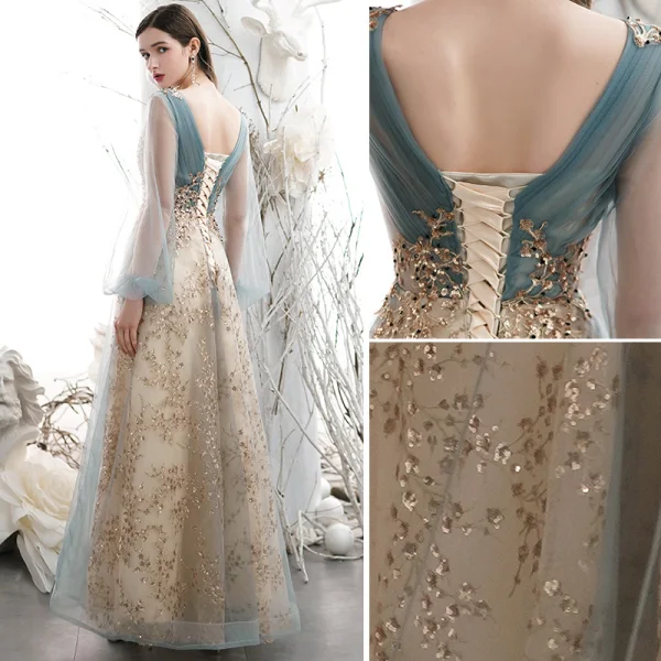 Elegant Champagne Lace Flower Sequins Prom Dresses 2021 A-Line / Princess Scoop Neck Long Sleeve Backless Floor-Length / Long Formal Dresses