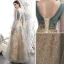 Elegant Champagne Lace Flower Sequins Prom Dresses 2021 A-Line / Princess Scoop Neck Long Sleeve Backless Floor-Length / Long Formal Dresses