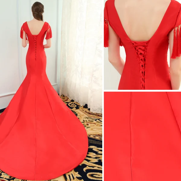 Chinese style Red Evening Dresses 2019 Trumpet / Mermaid V-Neck Rhinestone Appliques Lace Cap Sleeves Tassel Backless Court Train Formal Dresses