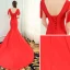 Chinese style Red Evening Dresses  2019 Trumpet / Mermaid V-Neck Rhinestone Appliques Lace Cap Sleeves Tassel Backless Court Train Formal Dresses
