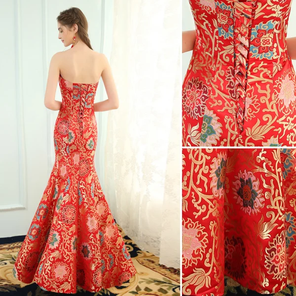 Chinese style Red Evening Dresses 2019 Trumpet / Mermaid Strapless Crystal Sleeveless Backless Printing Floor-Length / Long Formal Dresses