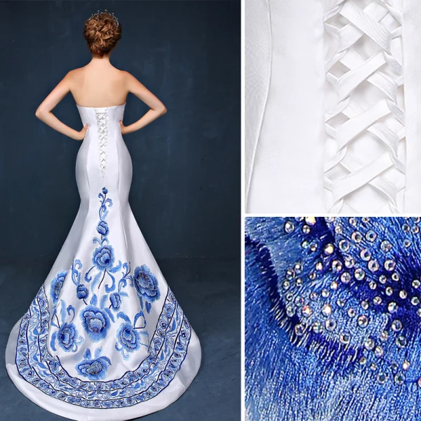 Chinese style Ivory Evening Dresses 2019 Trumpet / Mermaid Strapless Appliques Lace Rhinestone Sleeveless Backless Court Train Formal Dresses