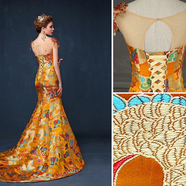 Style Chinois Doré Robe De Soirée 2019 Trompette / Sirène Encolure Dégagée Perlage Perle Gland Appliques Brodé Sans Manches Dos Nu Train De Balayage Robe De Ceremonie