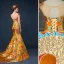 Style Chinois Doré Robe De Soirée 2019 Trompette / Sirène Encolure Dégagée Perlage Perle Gland Appliques Brodé Sans Manches Dos Nu Train De Balayage Robe De Ceremonie