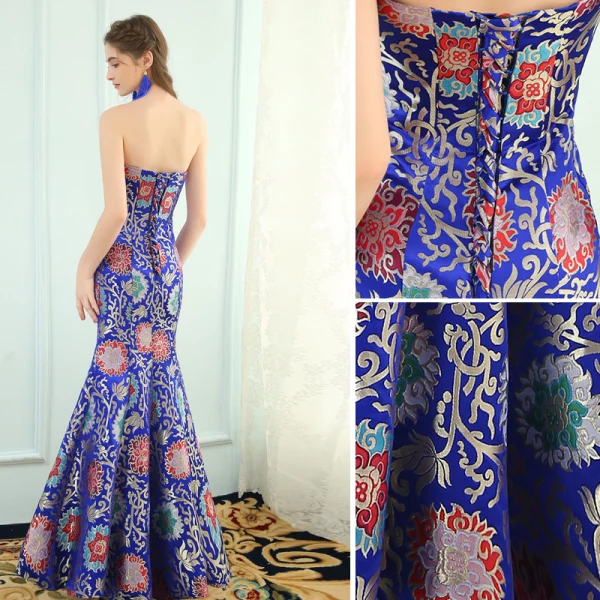 Chinese style Royal Blue Evening Dresses 2019 Trumpet / Mermaid Strapless Tassel Crystal Embroidered Sleeveless Backless Floor-Length / Long Formal Dresses