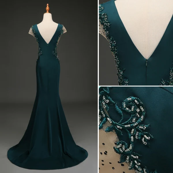 Elegante Dunkelgrün Abendkleider 2019 Meerjungfrau V-Ausschnitt Perlenstickerei Pailletten Strass Spitze Blumen Ärmel Rückenfreies Sweep / Pinsel Zug Festliche Kleider