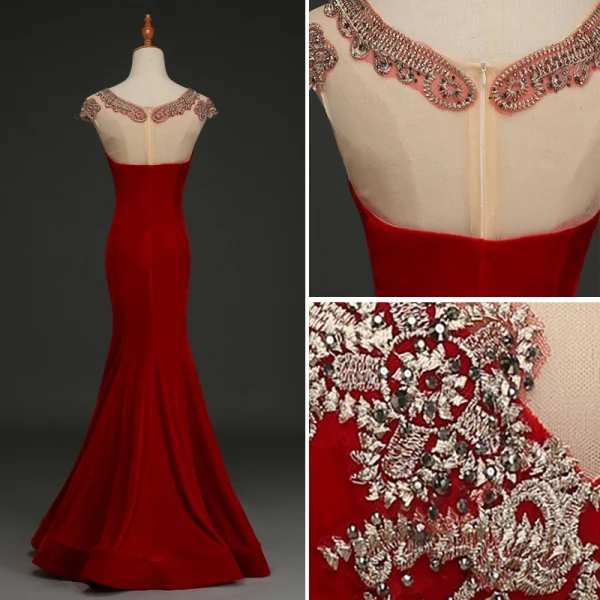 Elegant Burgundy Evening Dresses 2019 Trumpet / Mermaid Suede V-Neck Rhinestone Lace Flower Cap Sleeves Floor-Length / Long Formal Dresses