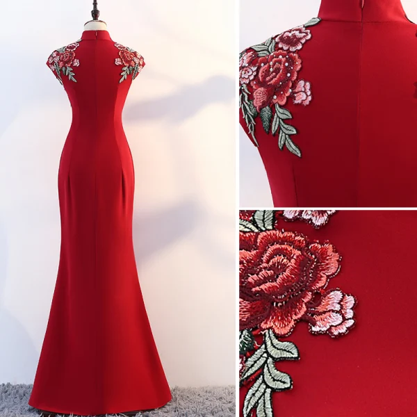 Chic / Beautiful Burgundy Evening Dresses 2019 Trumpet / Mermaid High Neck Appliques Lace Rhinestone Sleeveless Floor-Length / Long Formal Dresses