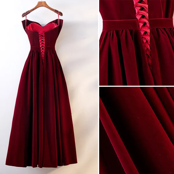 Chic / Beautiful Burgundy Prom Dresses 2019 A-Line / Princess Spaghetti Straps Suede Bow Sleeveless Backless Floor-Length / Long Formal Dresses