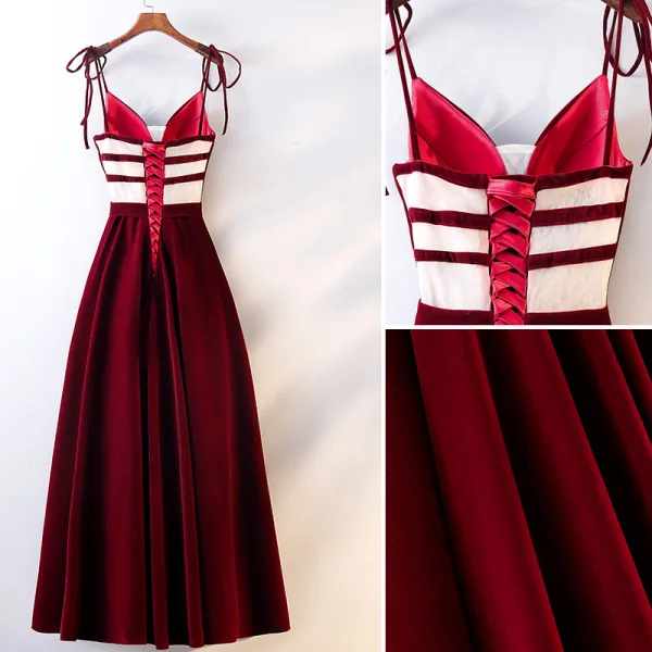 Chic / Beautiful Burgundy Evening Dresses 2019 A-Line / Princess Spaghetti Straps Suede Sash Sleeveless Backless Floor-Length / Long Formal Dresses