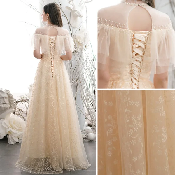 Chic / Belle Champagne Brodé Robe De Bal 2021 Princesse Col Haut Manches Courtes Dos Nu Longue Robe De Ceremonie
