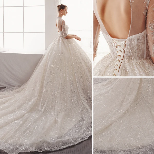 Charming Champagne Wedding Dresses 2019 A-Line / Princess Scoop Neck Beading Sequins Lace Flower 1/2 Sleeves Backless Cathedral Train