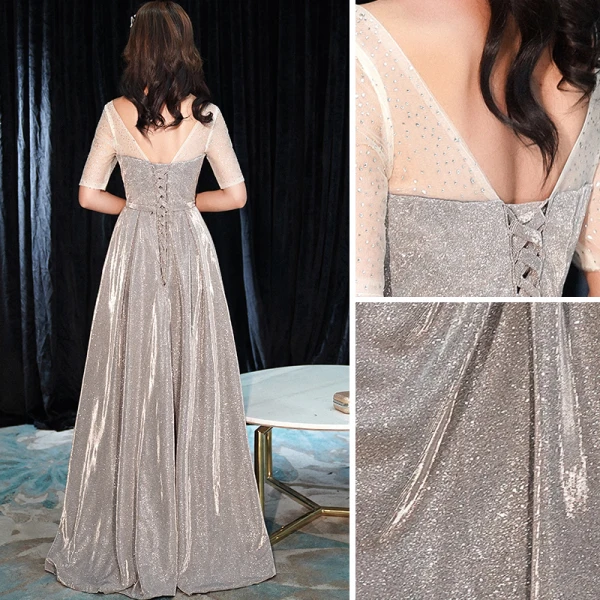 Glittrande Silver Aftonklänningar 2019 Prinsessa Urringning Rhinestone Glittriga / Glitter Polyester Rosett 1/2 ärm Halterneck Långa Formella Klänningar