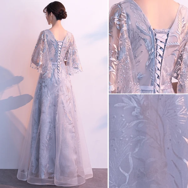 Chic / Beautiful Grey Evening Dresses 2019 A-Line / Princess V-Neck Bow Lace Flower 1/2 Sleeves Backless Floor-Length / Long Formal Dresses