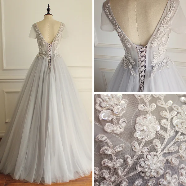Chic / Beautiful Grey Prom Dresses 2018 A-Line / Princess Beading Lace Flower Sequins V-Neck Backless Short Sleeve Floor-Length / Long Formal Dresses