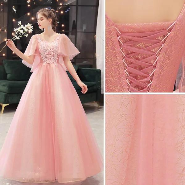 Elegant Candy Pink Prom Dresses 2021 V-Neck A-Line / Princess Beading Appliques Lace Flower Sequins 1/2 Sleeves Backless Floor-Length / Long Formal Dresses