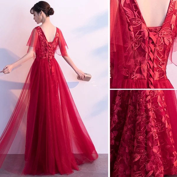Chic / Beautiful Burgundy Evening Dresses  2019 A-Line / Princess V-Neck Crystal Lace Flower Short Sleeve Backless Floor-Length / Long Formal Dresses