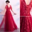 Chic / Beautiful Burgundy Evening Dresses  2019 A-Line / Princess V-Neck Crystal Lace Flower Short Sleeve Backless Floor-Length / Long Formal Dresses