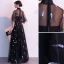 Chic / Beautiful Black Evening Dresses  2019 A-Line / Princess High Neck Sash Lace Flower 1/2 Sleeves Floor-Length / Long Formal Dresses