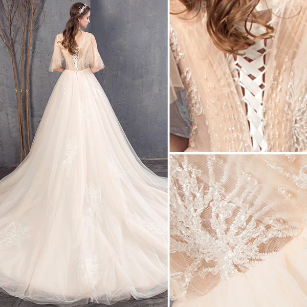 Elegant Champagne Wedding Dresses 2019 A-Line / Princess V-Neck Beading Lace Flower Short Sleeve Backless Chapel Train