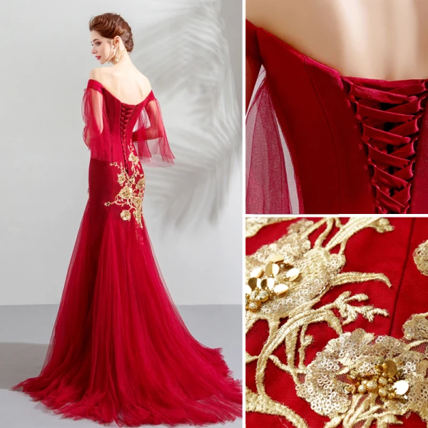 Chic / Belle Rouge Robe De Soirée 2019 Trompette / Sirène De l'épaule Paillettes En Dentelle Fleur Manches Courtes Dos Nu Train De Balayage Robe De Ceremonie