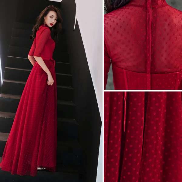 Chic / Beautiful Burgundy Evening Dresses 2019 A-Line / Princess High Neck Spotted Bow 1/2 Sleeves Floor-Length / Long Formal Dresses