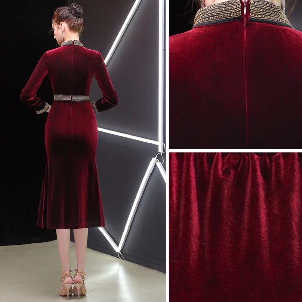 Élégant Bordeaux Robe De Soirée 2019 Encolure Dégagée Daim 3/4 Manches Thé Longueur Robe De Ceremonie