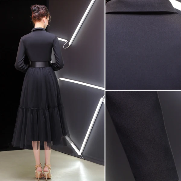 Elegant Black Evening Dresses  2019 A-Line / Princess V-Neck Sash Long Sleeve Tea-length Formal Dresses