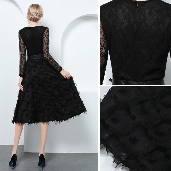 Elegant Black Evening Dresses  2019 A-Line / Princess V-Neck Lace Tassel Bow Long Sleeve Knee-Length Formal Dresses