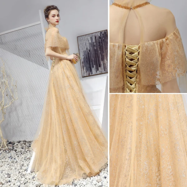 Chic / Beautiful Gold Prom Dresses 2019 A-Line / Princess Scoop Neck Sequins Crystal Short Sleeve Backless Floor-Length / Long Formal Dresses