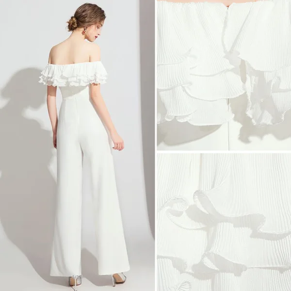 Elegante Ivory / Creme Overall Abendkleider 2021 Rüschen Off Shoulder Kurze Ärmel Rückenfreies Abend Lange Festliche Kleider