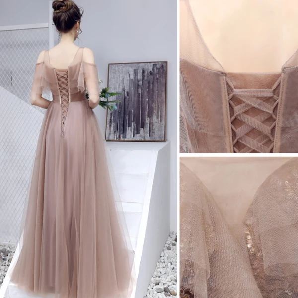 Élégant Robe De Bal 2019 Princesse Encolure Dégagée Perlage Paillettes En Dentelle Fleur Manches Courtes Dos Nu Longue Robe De Ceremonie