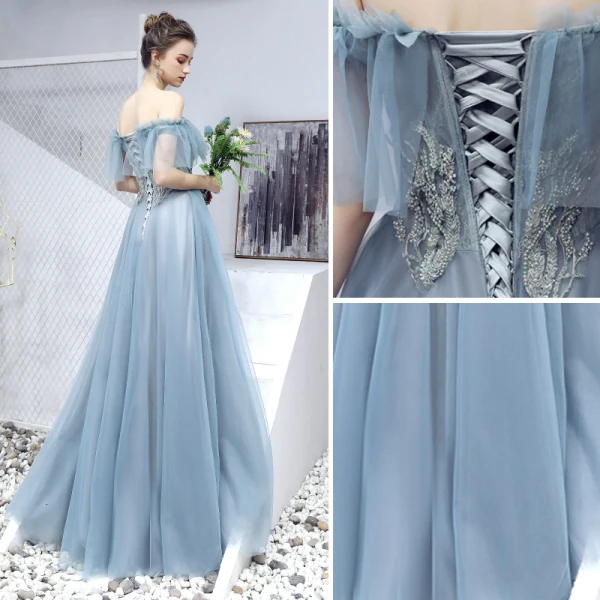 Élégant Bleu Robe De Bal 2019 Princesse De l'épaule Perlage Perle En Dentelle Fleur Manches Courtes Dos Nu Longue Robe De Ceremonie
