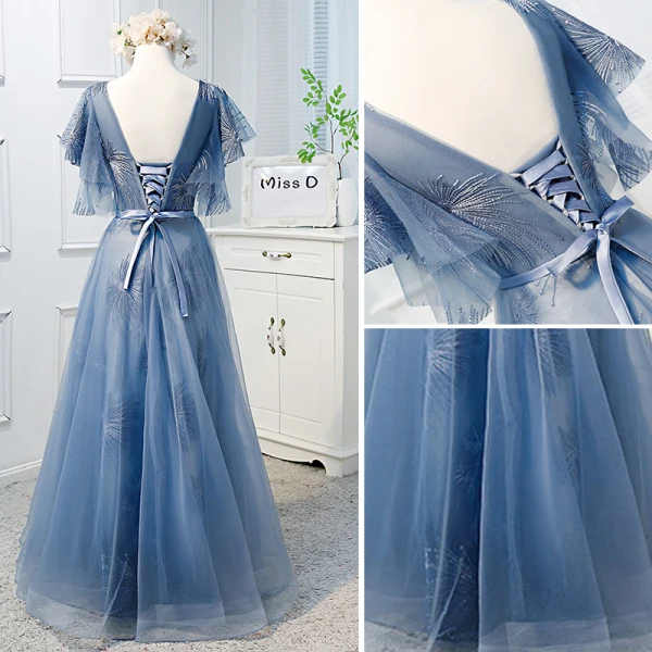 Chic / Beautiful Pool Blue Prom Dresses 2019 A-Line / Princess V-Neck Lace Short Sleeve Backless Bow Floor-Length / Long Formal Dresses