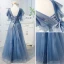 Chic / Beautiful Pool Blue Prom Dresses 2019 A-Line / Princess V-Neck Lace Short Sleeve Backless Bow Floor-Length / Long Formal Dresses