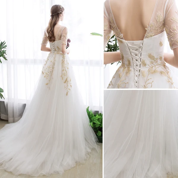 Abordable Ivoire Robe De Mariée 2019 Princesse V-Cou Paillettes En Dentelle Fleur Manches Courtes Dos Nu Train De Balayage