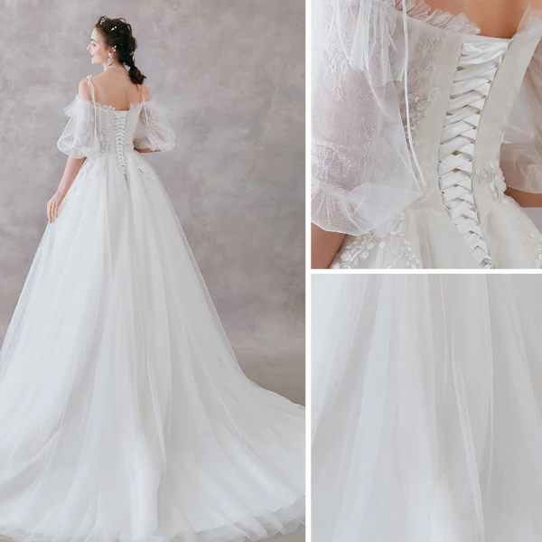 Elegant Ivory Wedding Dresses 2019 A-Line / Princess Spaghetti Straps Bow Appliques Lace Flower Sequins Short Sleeve Backless Court Train