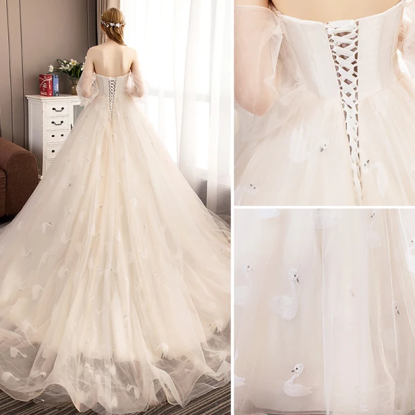 Eleganta Champagne Bröllopsklänningar 2019 Prinsessa Axelbandslös Beading Pärla Spets Korta ärm Halterneck Domstol Tåg