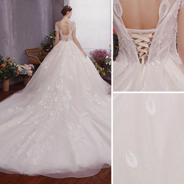 Charmant Ivoire Robe De Mariée 2019 Princesse Encolure Dégagée Perlage Appliques Manches Courtes Dos Nu Cathedral Train
